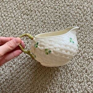 Belleek Small Pitcher Pourer Cream Green Cup Thatched Vintage Pottery EUC